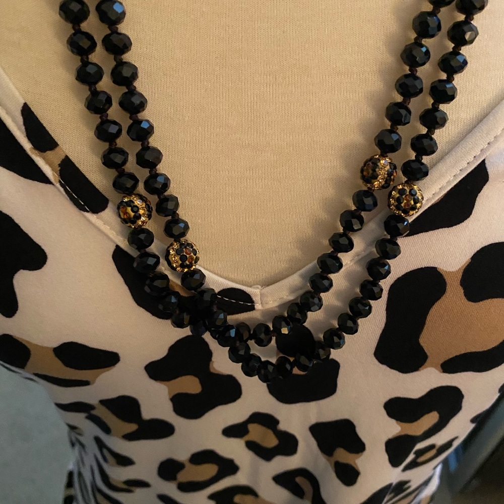 Pink Panache Black beaded n Leopard pave ball Necklace. 27 Inches.